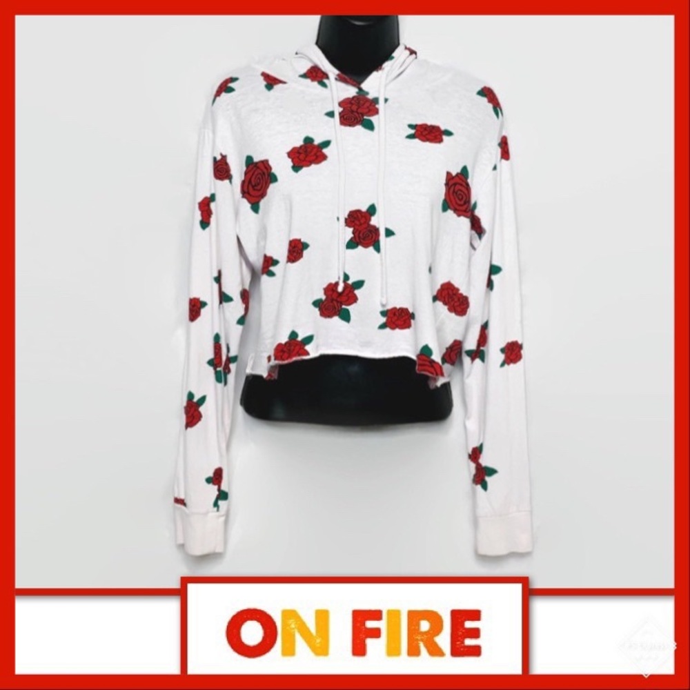 On Fire Cropped Hooded Long Sleeve Tee & Red Roses